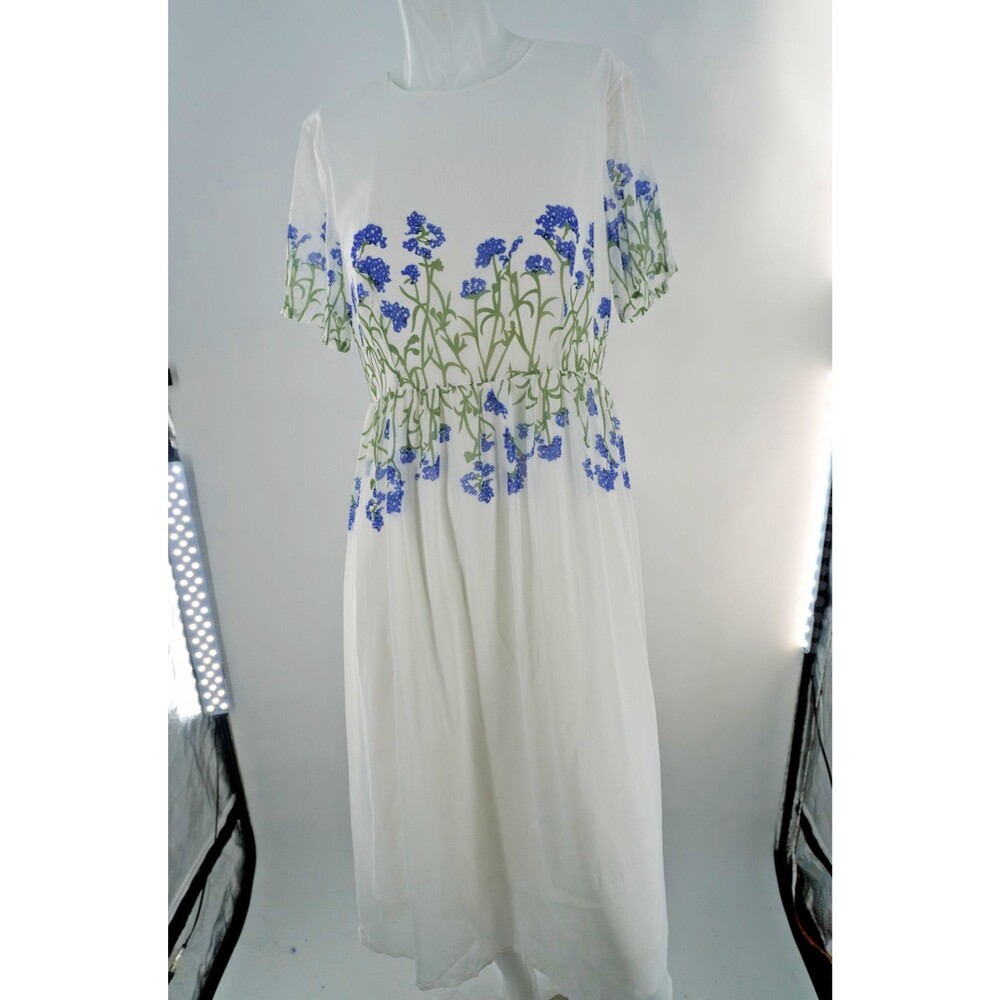 Feiman White Floral Chiffon Midi Dress Short Sleeve Blue Embroidery Size M - Picture 4 of 11